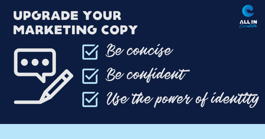 A visual overview of the three tips to write better marketing copy including being concise, being confident and using the power of identity in your writing. 